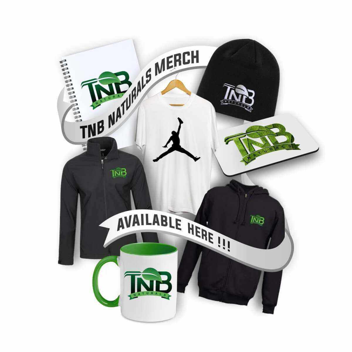 Official TNB Naturals merchandise collection including apparel, mugs, and accessories