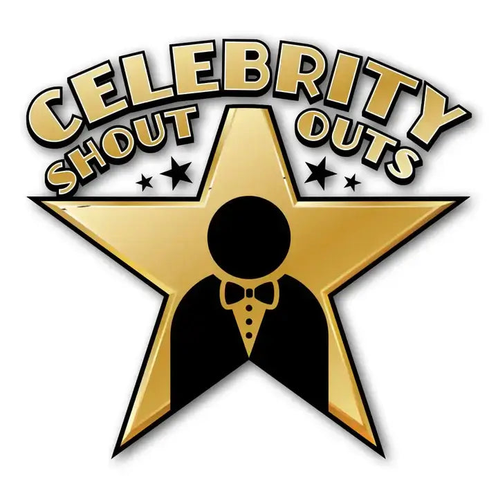 Logo with a gold star and silhouette of a person in a tuxedo, featuring the text 'Celebrity Shout Outs'.