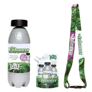 TNB Naturals CO2 Enhancer bottle, refill pack, and green branded hanger bundle for boosting plant growth.