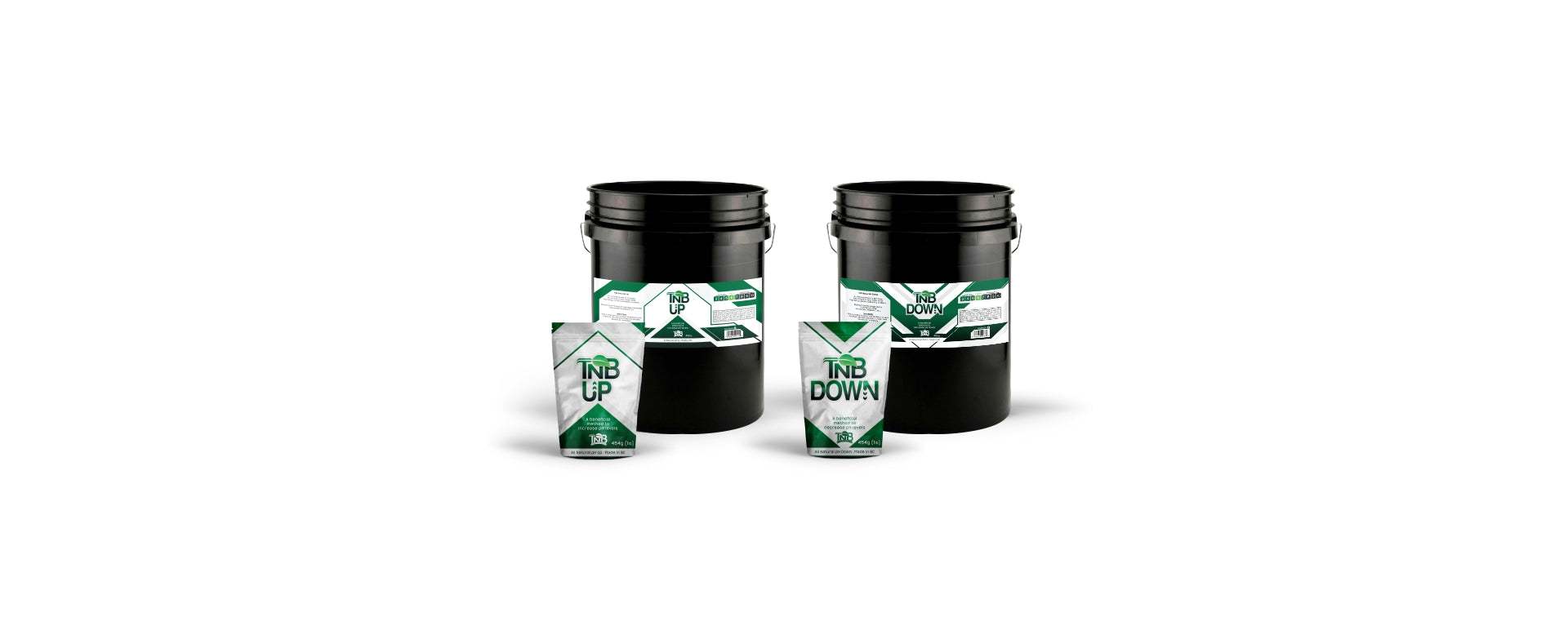TNB Naturals granular pH UP and DOWN black containers with green and white labels for plant pH adjustment