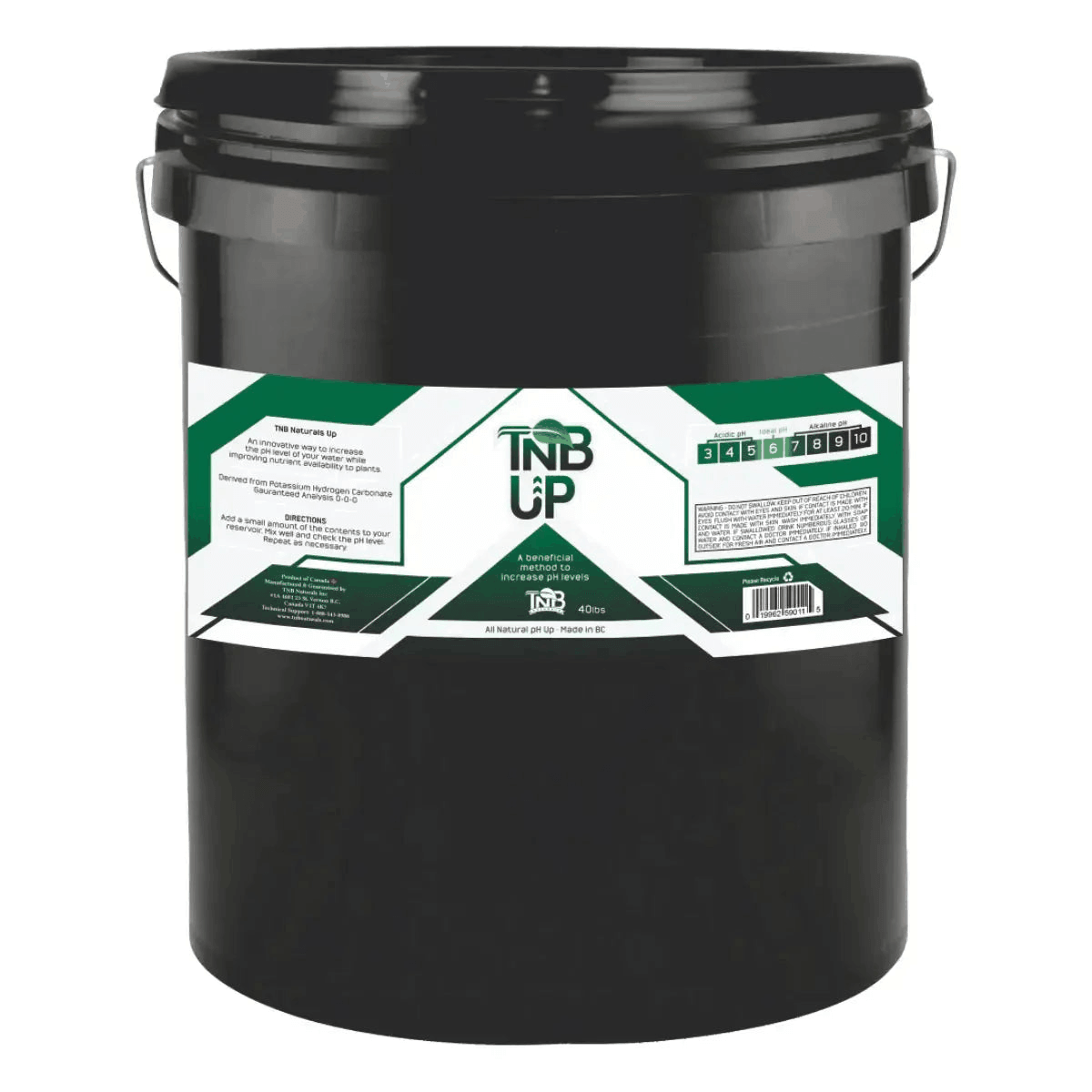 Black bucket with a green and white label on a white background
