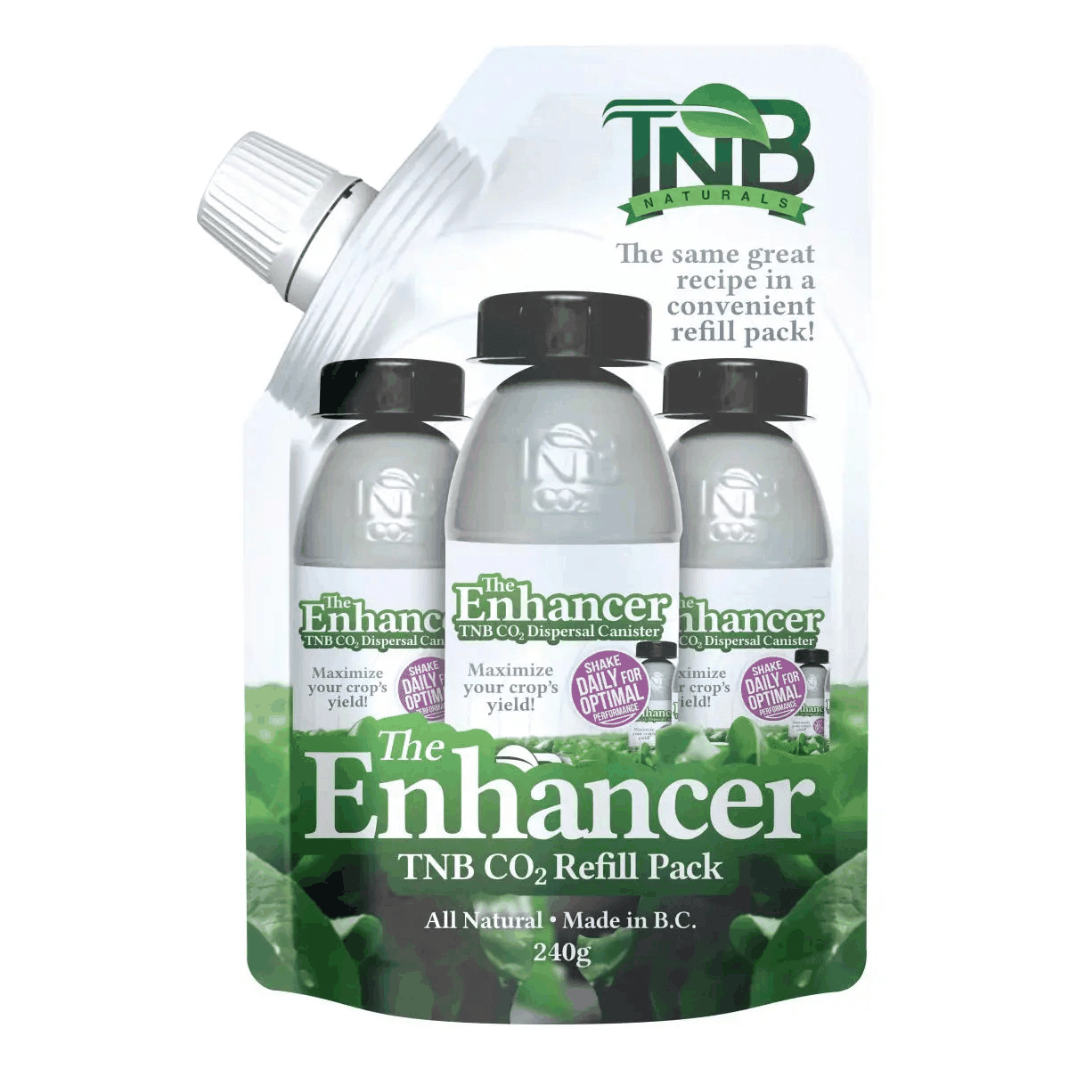 TNB CO2 Imperial Canister refill pack with three bottles labeled 'The Enhancer' on a white background.
