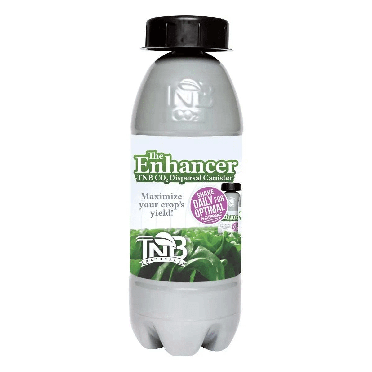 Clear bottle with black cap labeled 'The Enhancer' on a white background