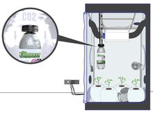 Load image into Gallery viewer, The Enhancer CO2 generator bottle releasing CO2 inside a grow tent for plant growth