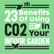Load image into Gallery viewer, 23 benefits of using CO2 generator for plants in indoor garden with TNB Naturals logo on green background