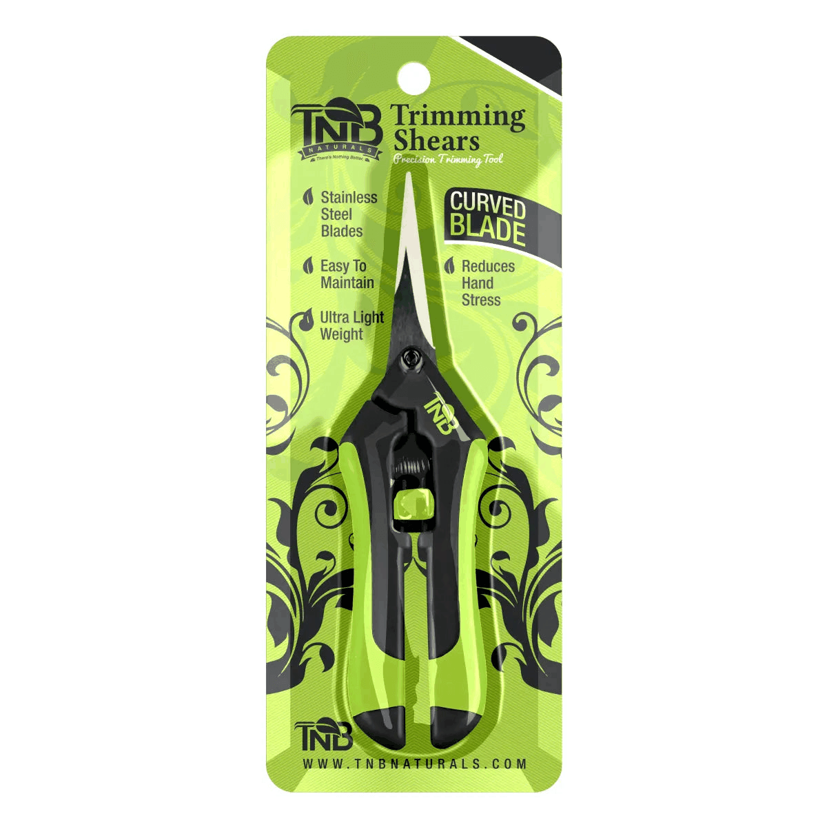 Packaged TNB Naturals Trimming Shears with curved stainless steel blades and green handle