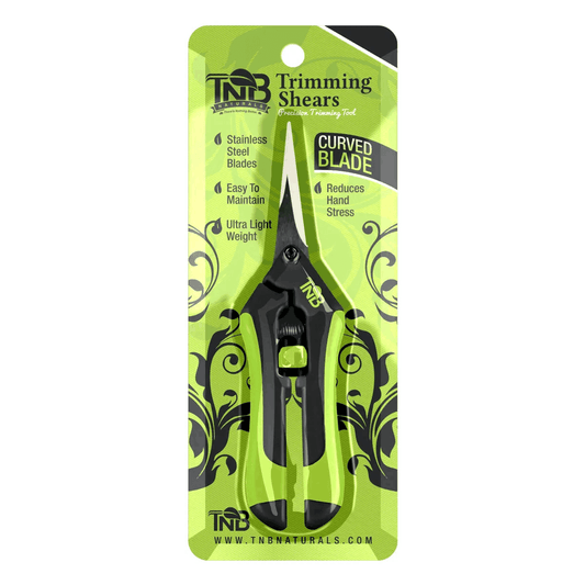 Packaged TNB Naturals Trimming Shears with curved stainless steel blades and green handle