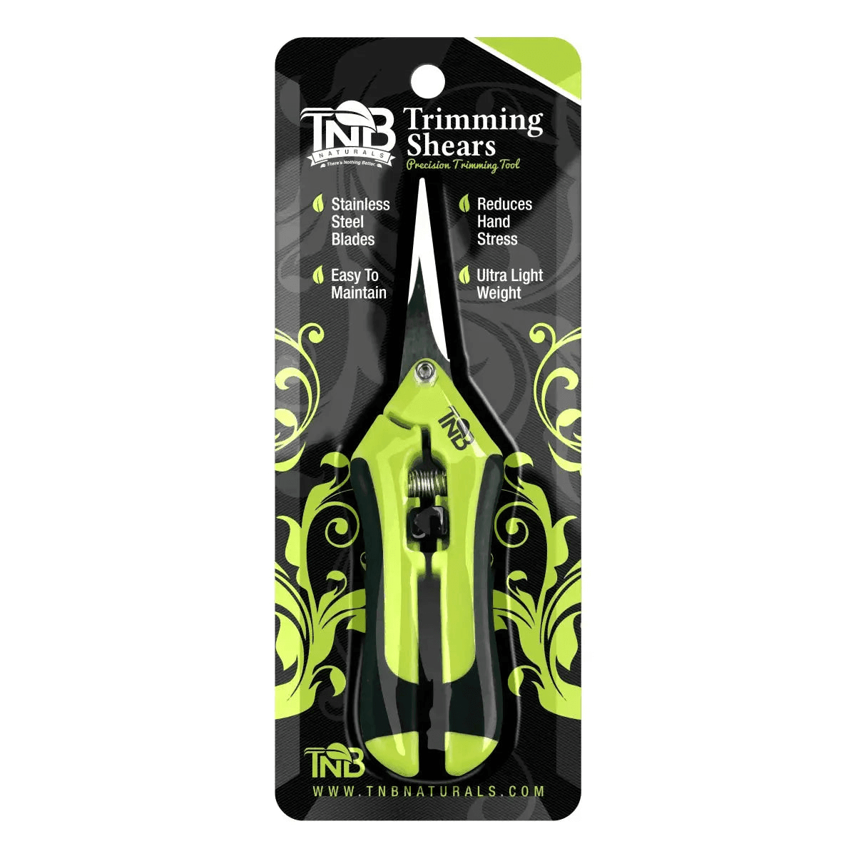 TNB Naturals Trimming Shears with straight stainless steel blades and ergonomic green handle