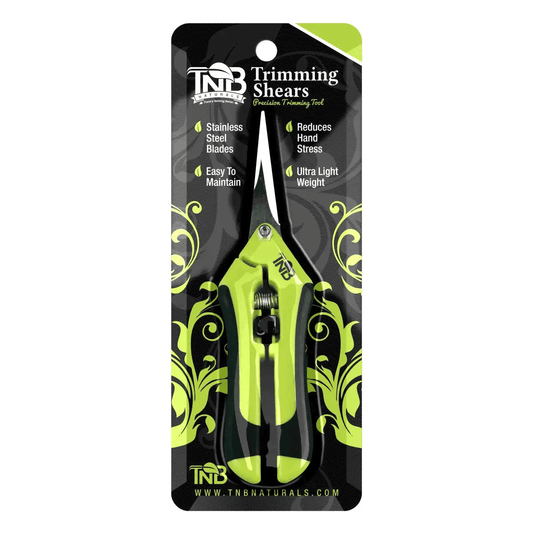 TNB Naturals Trimming Shears with straight stainless steel blades and ergonomic green handle