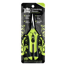 Load image into Gallery viewer, TNB Trimming Shears packaging with green shears on a black background